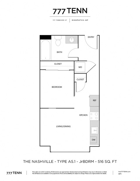 Floor plan for studio, 1 bath, 516 sqft